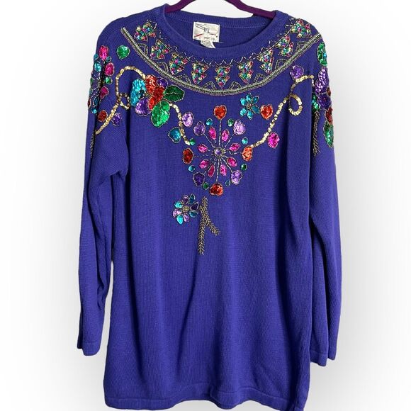 Vintage SML Sport LTD Tunic Sweater Women's Medium Purple Sequin Beaded Glam 80s - Picture 6 of 12